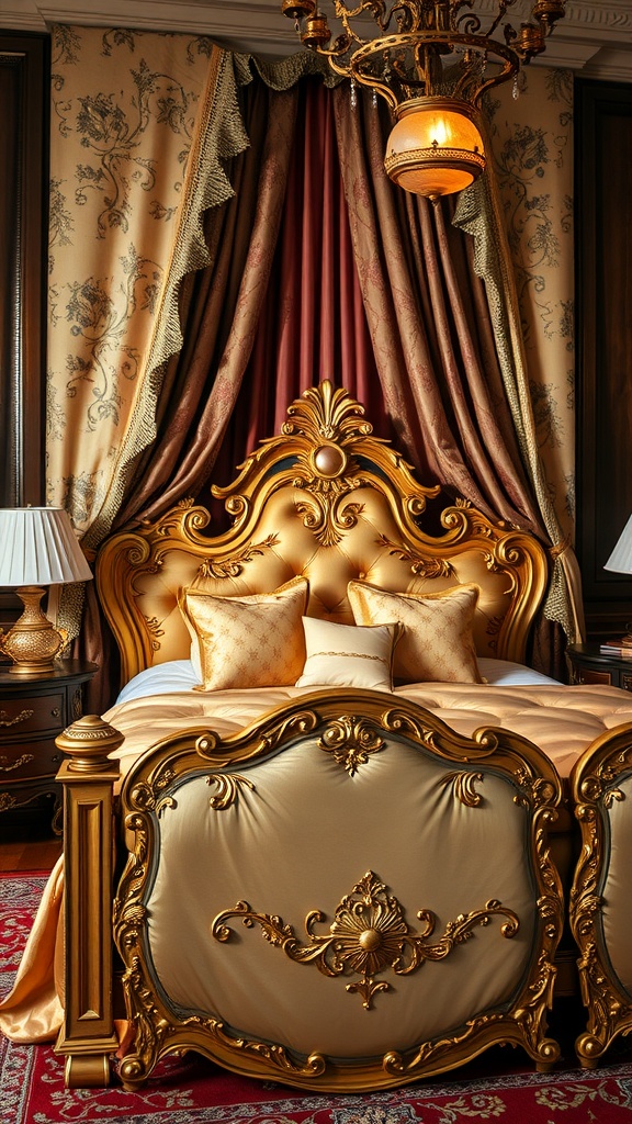 A luxurious Rococo bedroom featuring ornate golden bed frame, rich fabrics, and elegant decor.