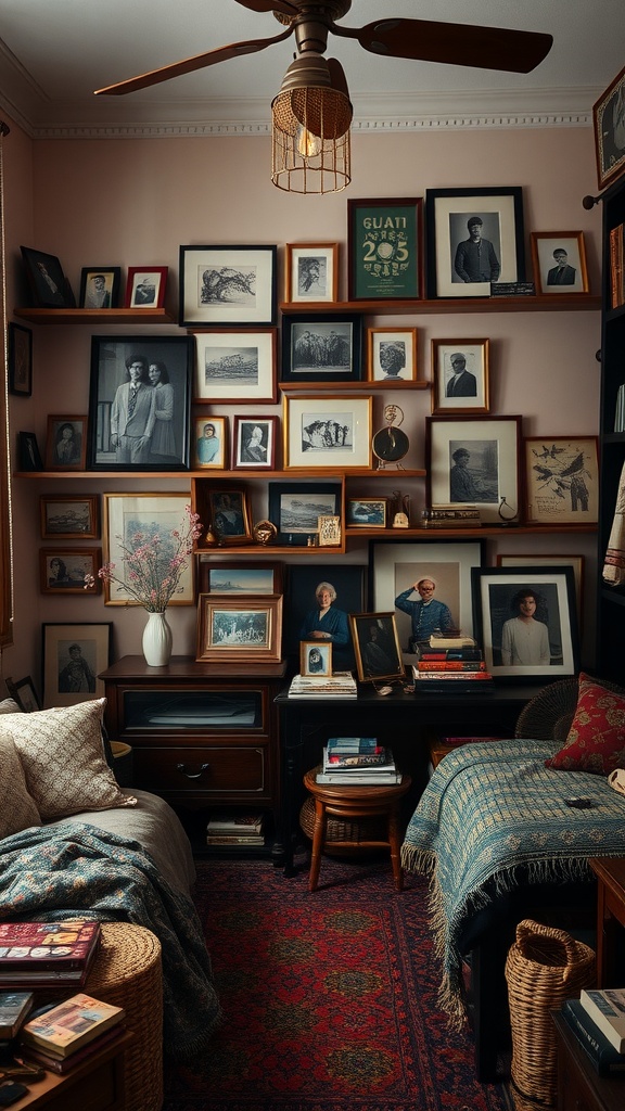 A cozy bedroom nook with a wall filled with framed family photographs and books, showcasing personal touches and memories.