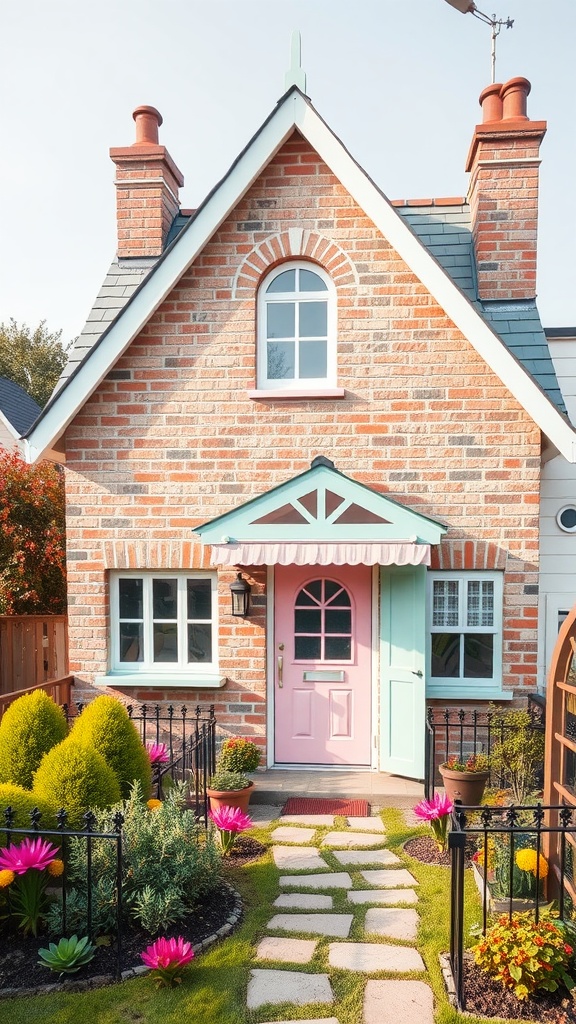 A charming brick house with a pastel pink door and mint green window accents, surrounded by colorful flowers and a stone pathway.