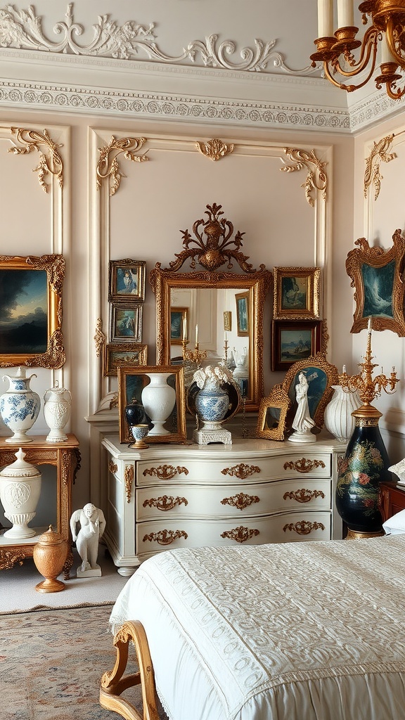 A beautifully decorated Rococo bedroom with ornate accessories and elegant decor.