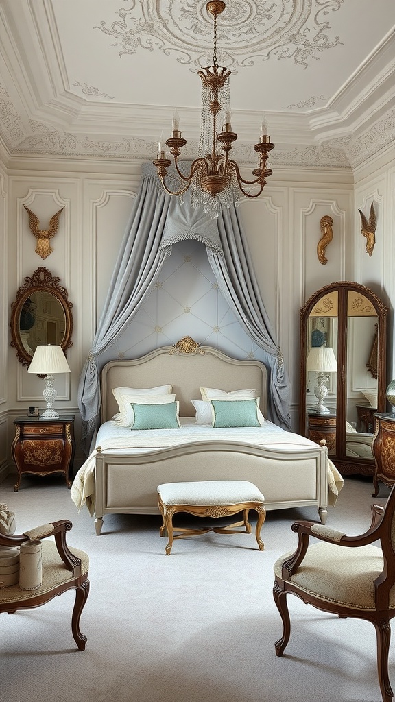 Elegant Rococo bedroom featuring intricate decor and soft color scheme.