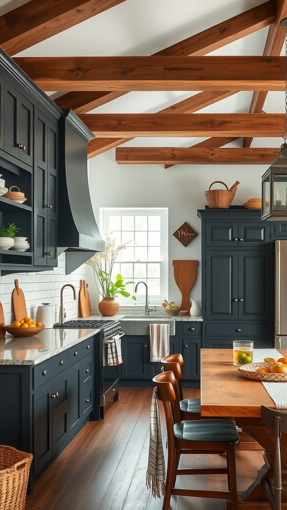A modern kitchen featuring rustic charcoal cabinets, wooden beams, and an inviting atmosphere.
