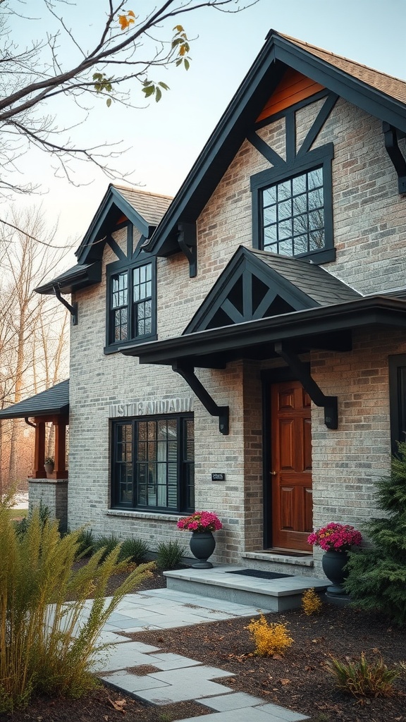 A gray brick house exterior with black trim, featuring a stylish entrance and vibrant flower pots.
