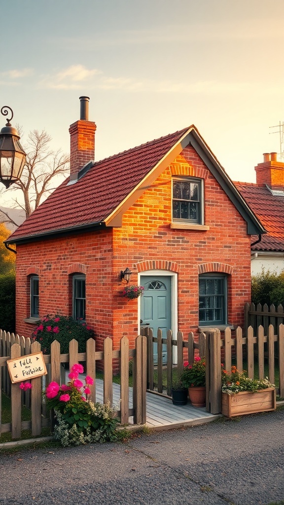 Charming red brick house with blue door and wooden fence, surrounded by flowers.