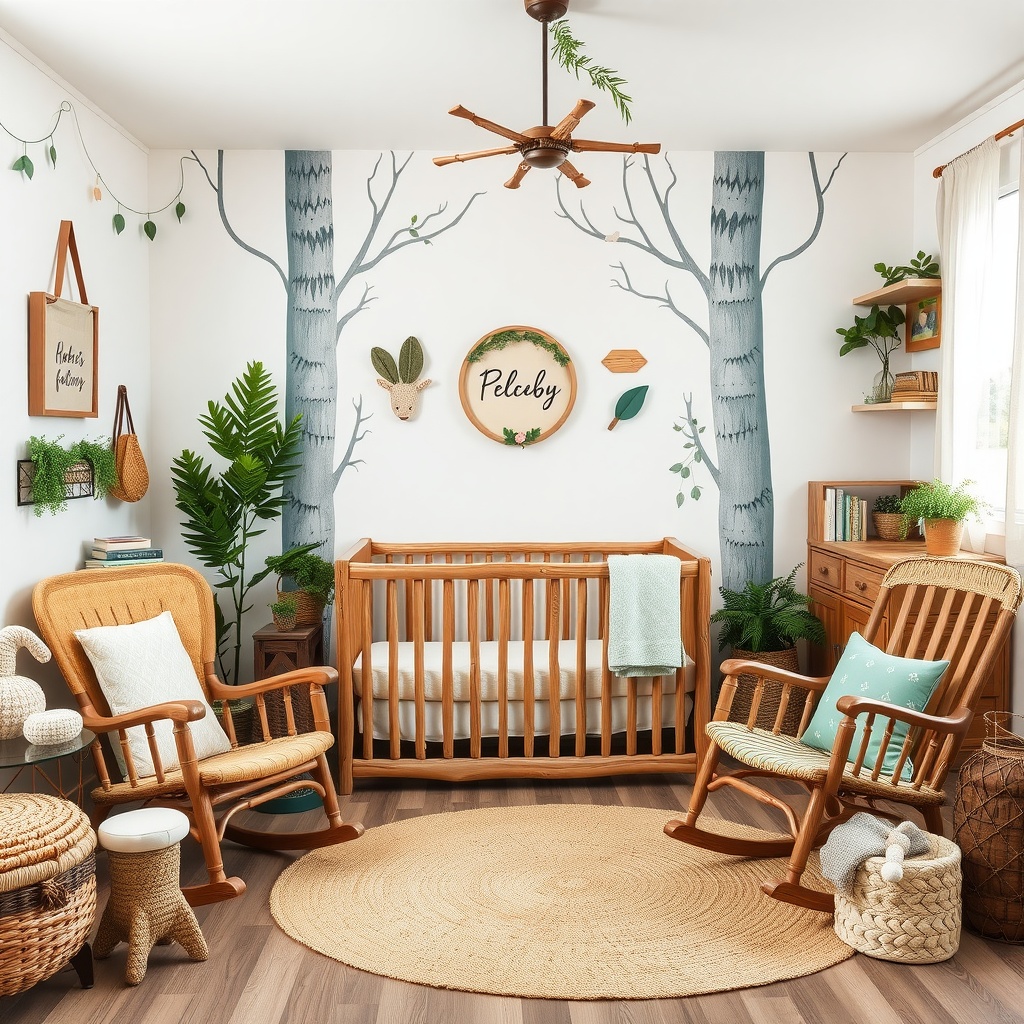 A rustic forest-themed nursery featuring wooden furniture, a crib, and wall art with trees.