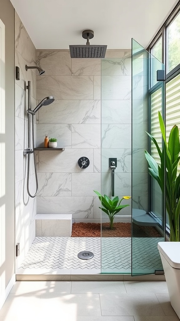 Rustic walk-in shower with glass panel and greenery.