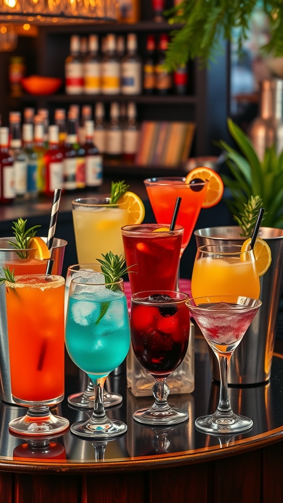 A variety of colorful cocktails on a bar counter.