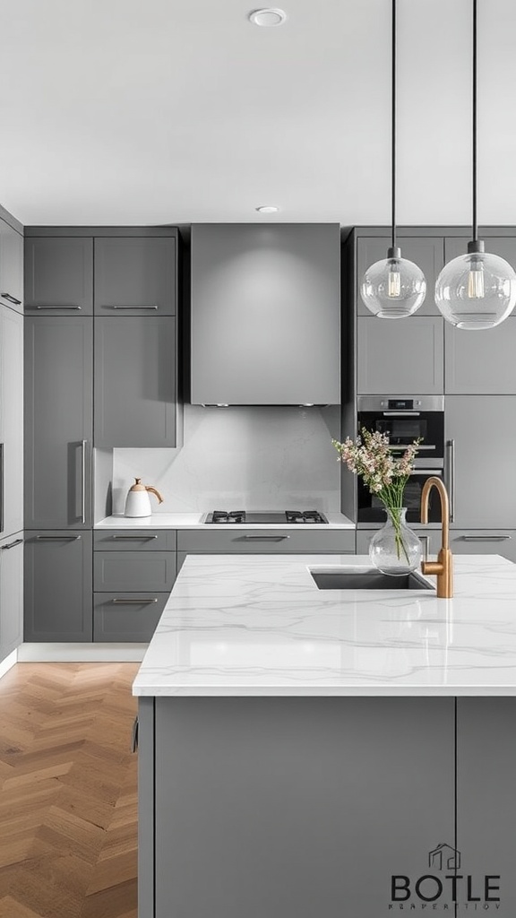 A modern kitchen featuring sleek gray cabinets, white marble countertop, and warm wood flooring.