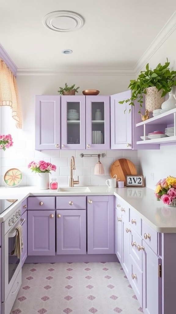 Kitchen with soft lavender cabinets, gold hardware, and decorative elements