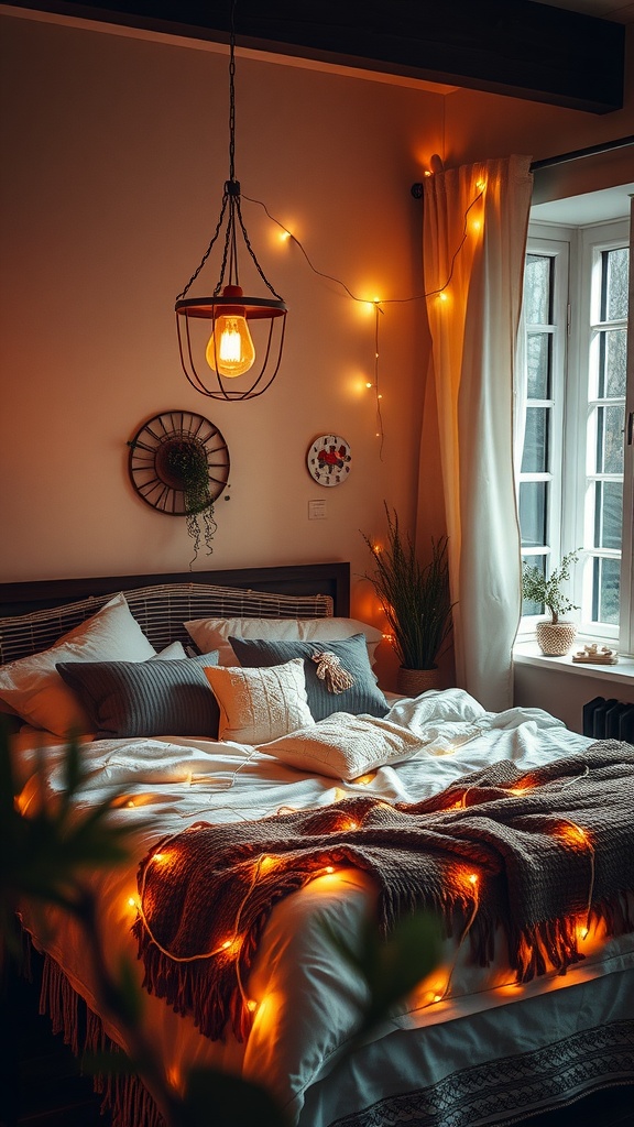 A cozy bedroom with soft lighting from a pendant lamp and fairy lights, creating a warm atmosphere.