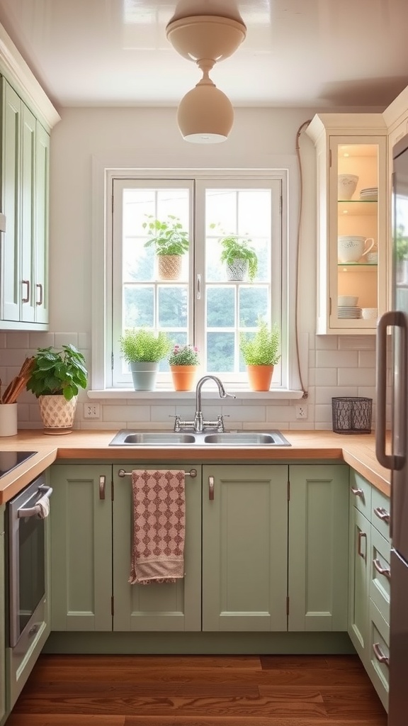 A cozy kitchen with soft green cabinets, wood countertop, and plants on the windowsill.