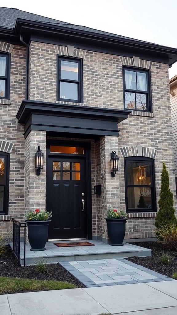 A gray brick house with black trim featuring a black door, elegant light fixtures, and colorful planters.