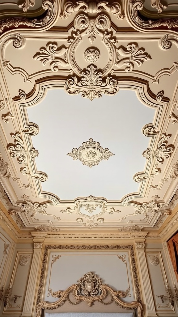 Elaborately designed Rococo ceiling in a bedroom.