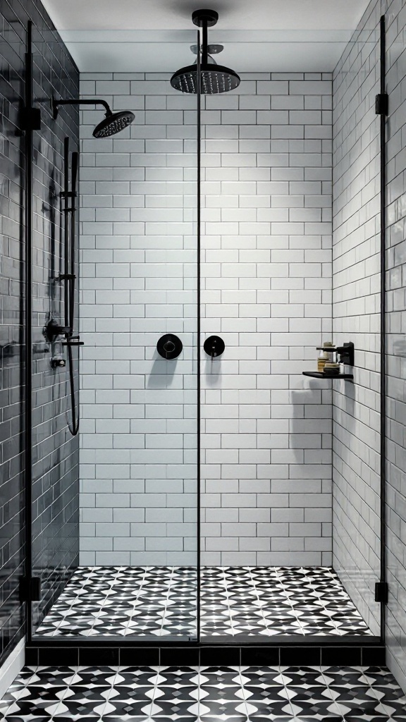 Stylish walk-in shower with black and white patterned tiles and glass enclosure
