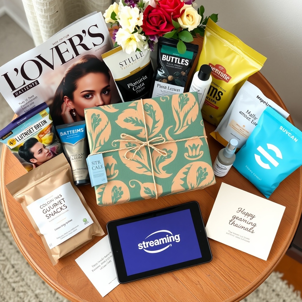 A beautifully arranged gift setup for Mother's Day, featuring a variety of subscription products such as snacks, skincare items, and a tablet displaying a streaming service.