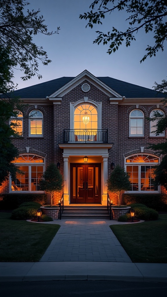 A soft beige brick house with elegant architecture, warm lighting, and well-maintained landscaping.