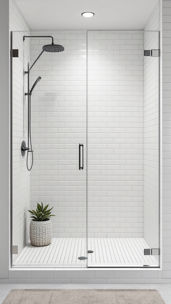 A modern walk-in shower with white subway tiles, glass doors, and a potted plant.