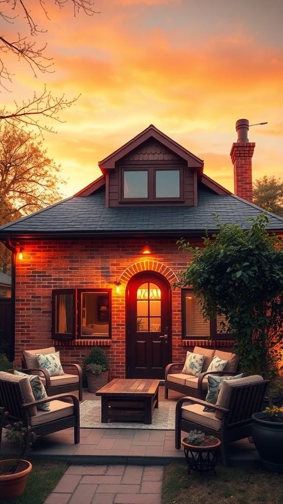 Cozy brick house with warm lighting under a colorful sunset.