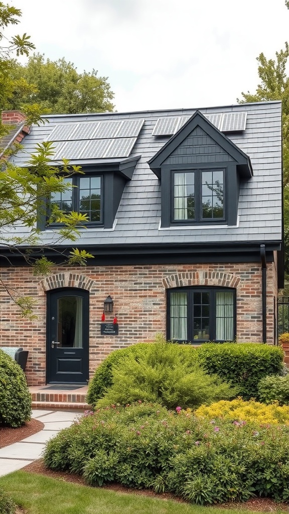 Gray brick house with black trim and solar panels on the roof, surrounded by lush greenery.