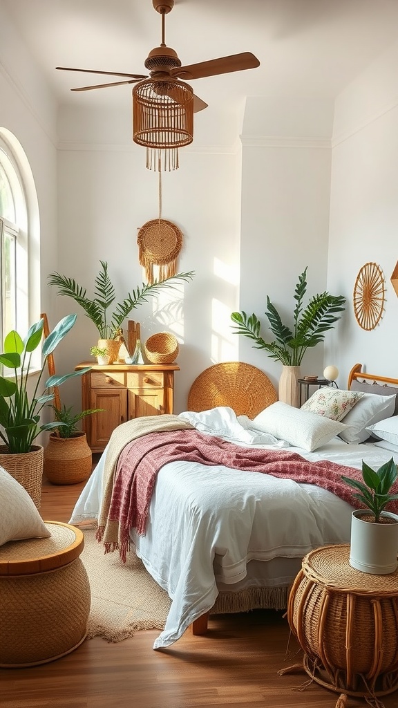A cozy earthy boho bedroom featuring a wooden bed, plants, and natural decor.