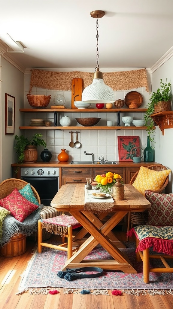 A cozy boho kitchen with textured fabrics and a wooden dining table.