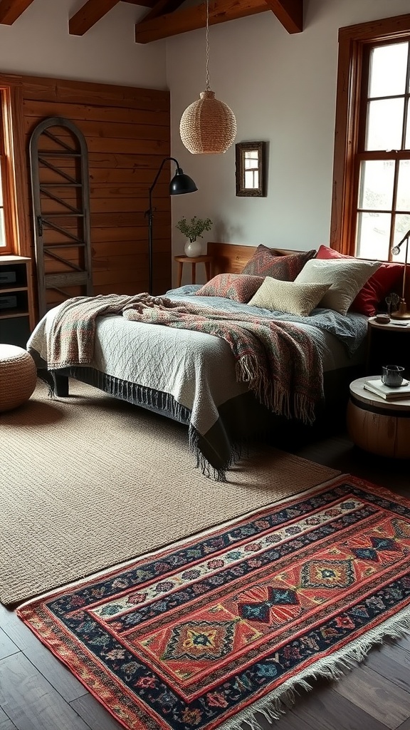 A cozy earthy boho bedroom featuring layered rugs and textured throws