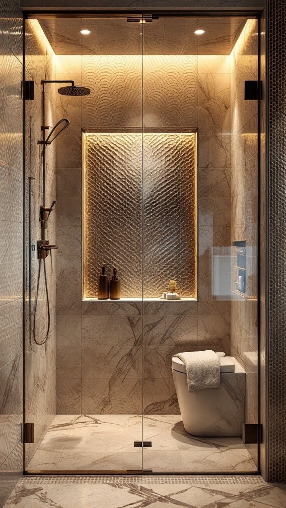 Walk-in shower with textured tiles and warm lighting
