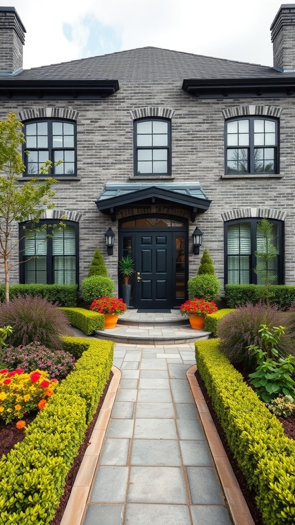 A gray brick house with black trim, surrounded by colorful flowers and greenery.