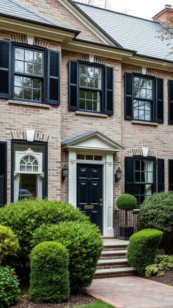 Gray brick house exterior with black trim, featuring large windows, a black front door, and lush greenery.