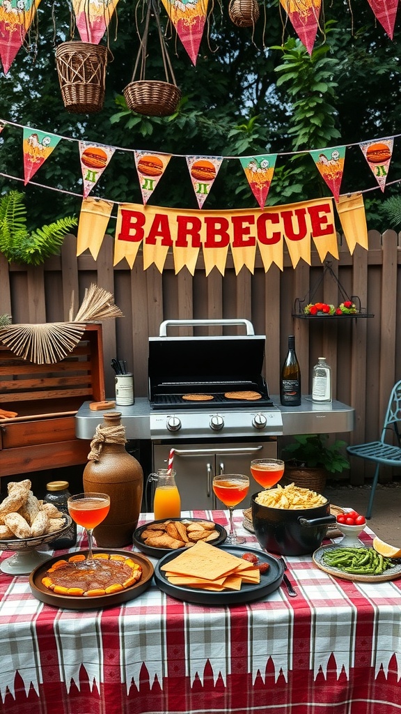 A festive barbecue setup for Father's Day with colorful decorations, food, and drinks.