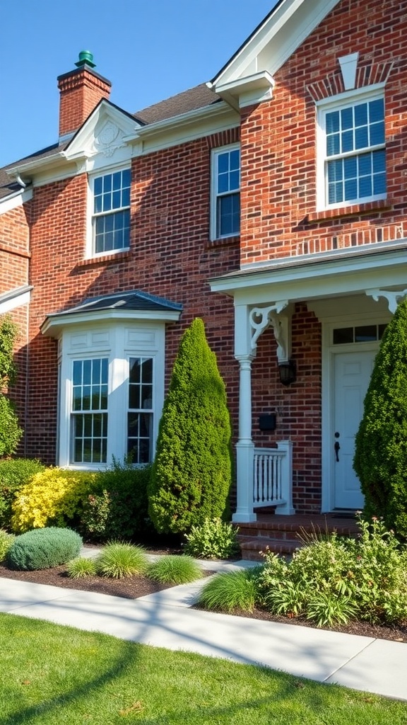 A brick house with classic white accents, featuring a landscaped front yard and clear blue sky.