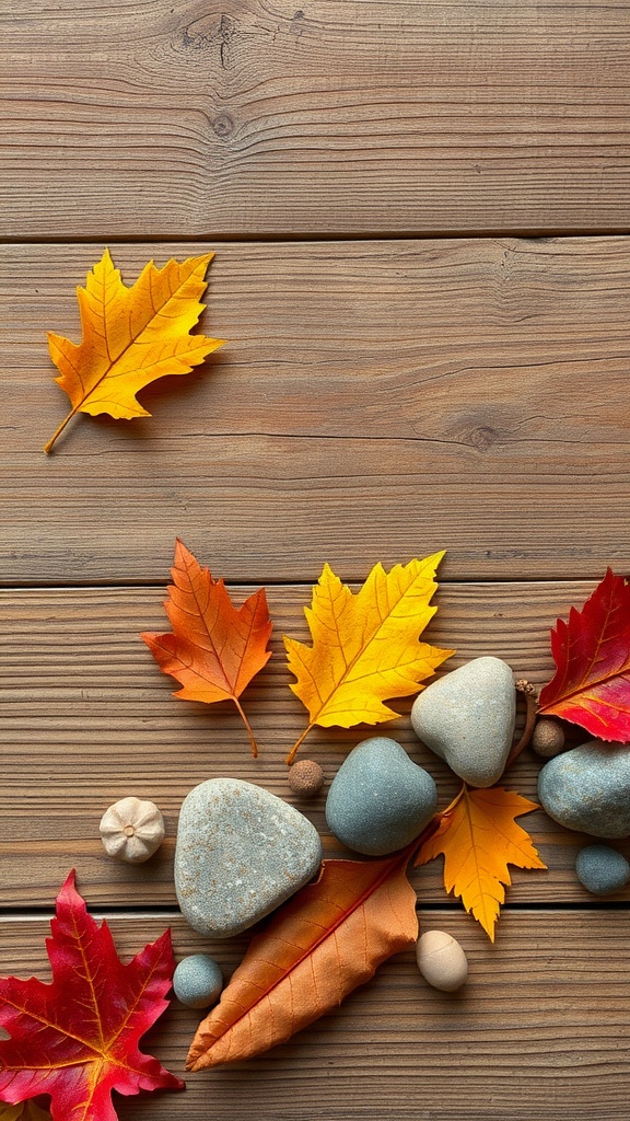 Colorful autumn leaves and stones on a wooden surface.