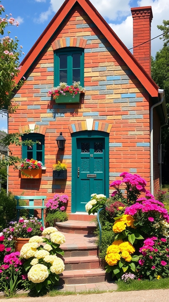 A colorful brick house with a red roof, teal door, and vibrant flowers in front.
