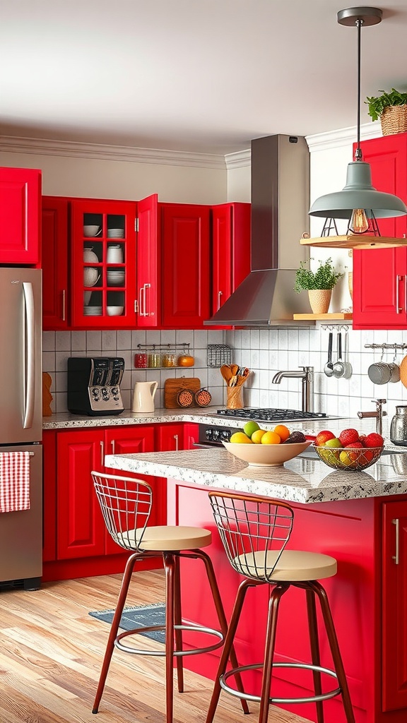 A modern kitchen featuring vibrant red cabinets, a stylish countertop, and a fruit centerpiece.