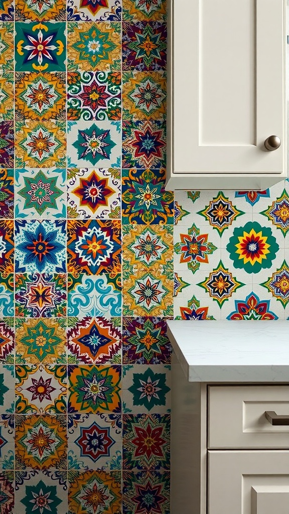 Colorful patterned tile backsplash in a kitchen setting