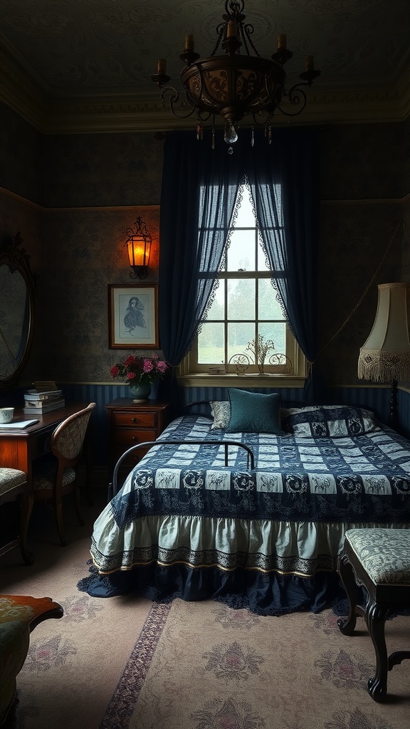 A Victorian-style bedroom with dark decor, featuring a bed with a patterned bedspread, an ornate chandelier, and vintage furniture.