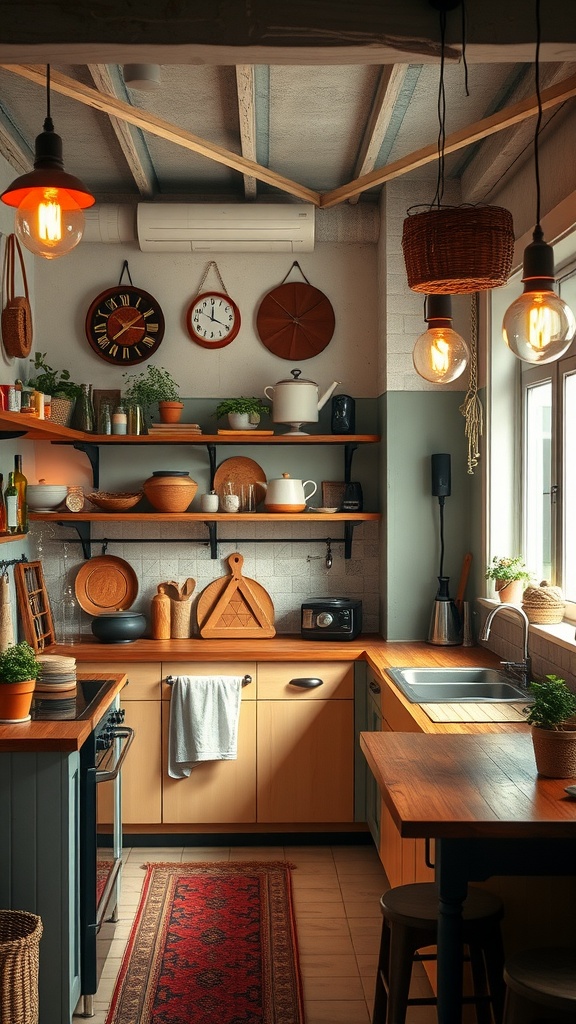 A cozy kitchen with vintage-inspired decor and warm lighting.