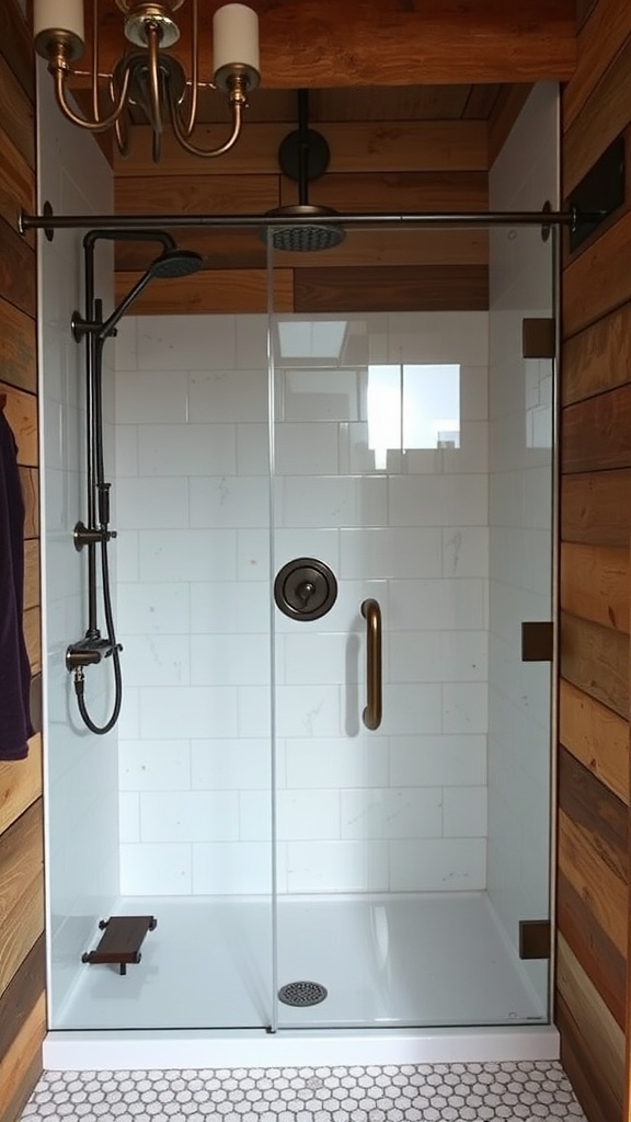 A rustic walk-in shower featuring vintage fixtures and wooden accents.