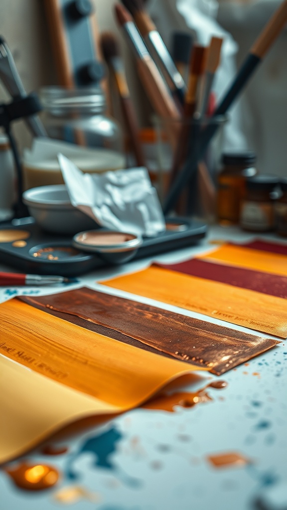 Color swatches featuring warm metallic finishes on a work table with art supplies.