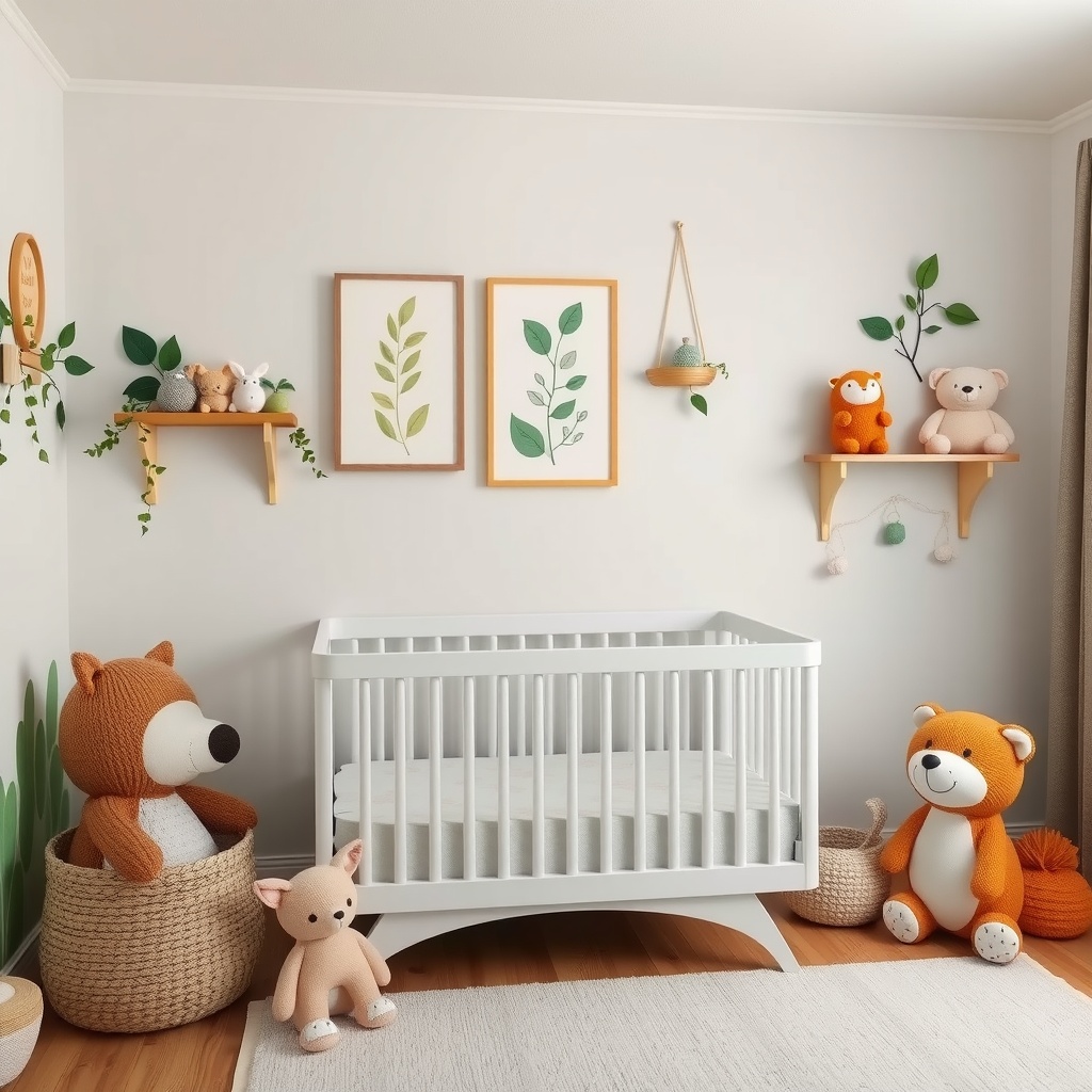 A cozy nursery decorated with plush forest animals, plants, and nature-inspired artwork.
