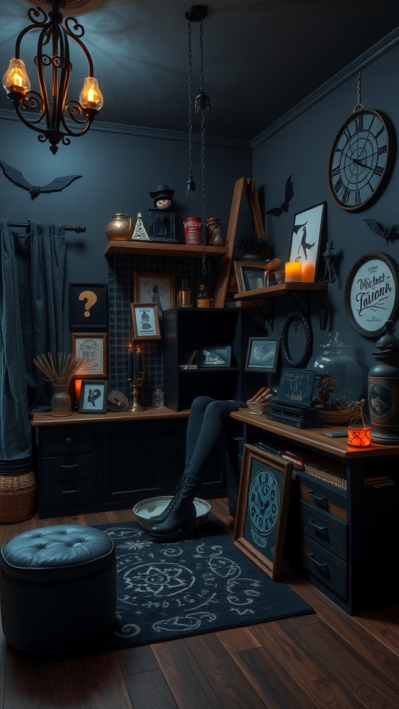 A dark fantasy bedroom with vintage decor and mystical elements.