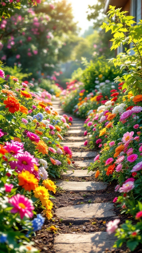 A stone path surrounded by colorful flowers, showcasing a vibrant garden.