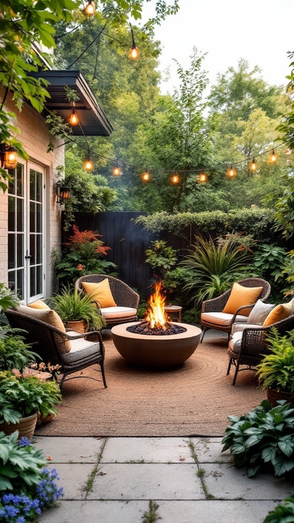 A cozy outdoor seating area with plush chairs around a fire pit, surrounded by greenery and string lights.