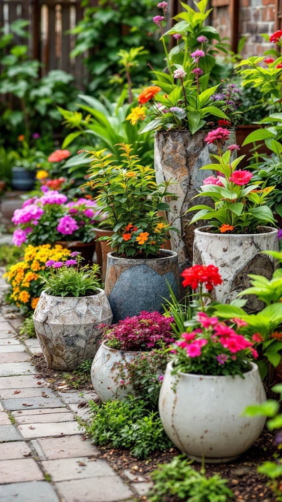 Colorful garden with various unique planters filled with flowers