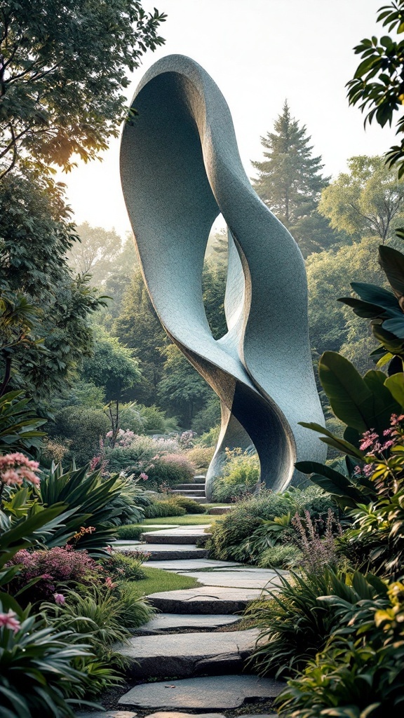 A unique sculpture stands tall in a lush garden, surrounded by colorful flowers and greenery.