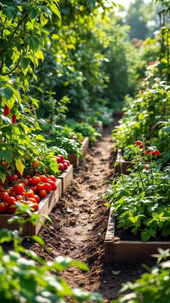 A lush edible garden with tomatoes and green plants in wooden boxes.
