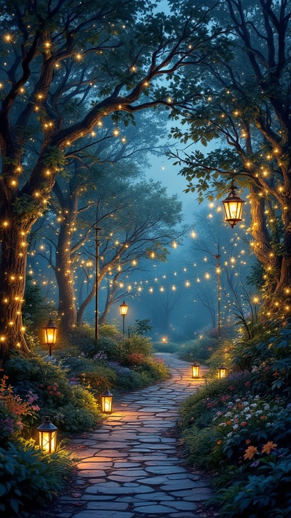 A scenic garden path illuminated by lanterns and string lights, surrounded by trees and flowers.