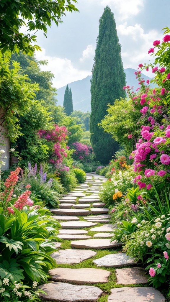 A stone pathway lined with colorful flowers in a lush garden