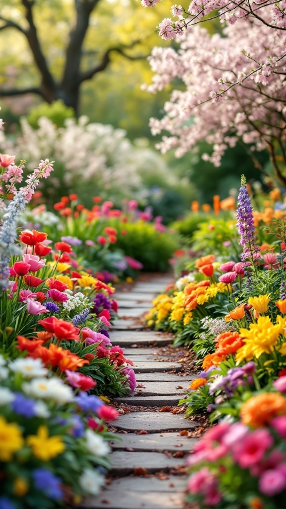 A vibrant spring garden with colorful flowers lining a stone path.