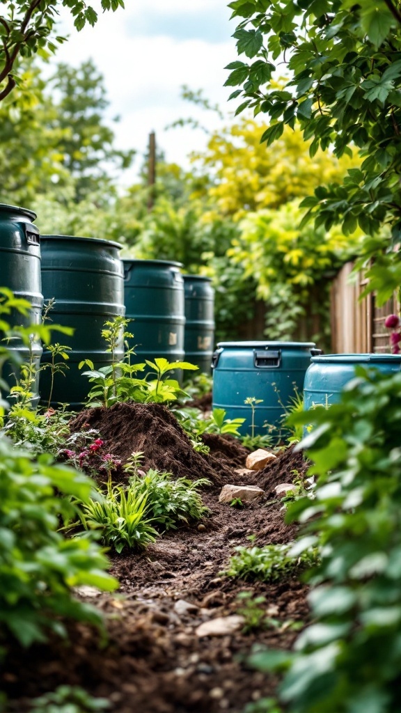 A garden with green barrels, fresh soil, and blooming flowers.